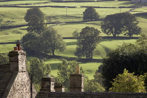 Roofs of houses and trees on fields in Yorkshire Dales, Yorkshire, England